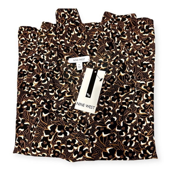 🎁 Nine West Floral Black Gold Long-sleeve Button Down Top Blouse Size M NWT - Picture 6 of 9